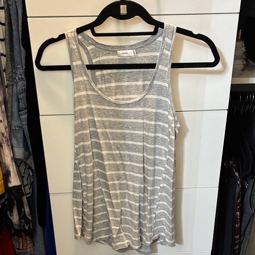 Vince Gray and White Striped Tank Top